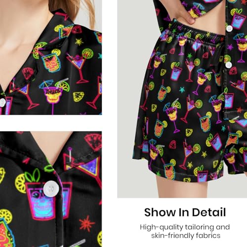 Image of Funny Satin Pajamas Set for Women Button Down Sleepwear Print Pjs Set 2 Piece Short Sleeve Loungewear Gift for Women