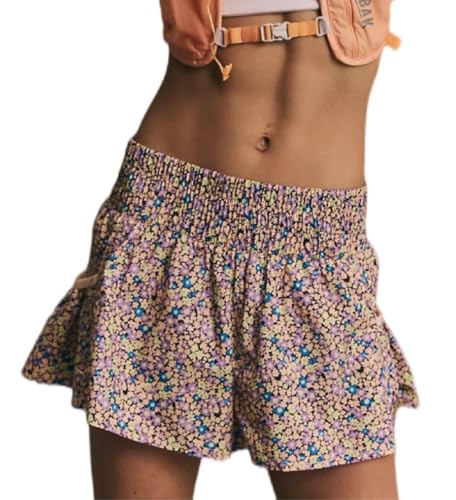 Women FP Floral Running Shorts Dupes High Waisted Wide Leg Ruffle Workout Athletic Shorts Flowy Smocked A Line Skorts with Pockets(Flower Purple,Medium)