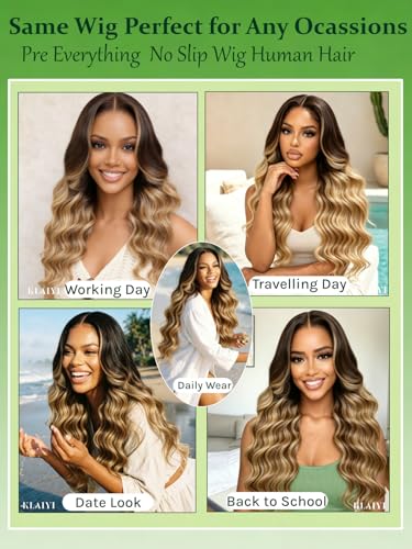 Image of KLAIYI Bye Bye Slip Pre Everything 13x4 Lace Front Honey Blonde Balayage Body Wave Human Hair Wig with Chestnut Brown Roots Drawstring Glueless Ombre Pre Plucked Bleached Knots Wear and Go Wig 24Inch