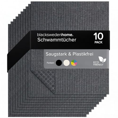blackswedenhome. Spültücher schwarz (Dunkelgrau) - 10er Pack schwedische Spüllappen aus Baumwolle & Zellstoff - waschbare Schwammtücher Küche nachhaltige Küchentücher wiederverwendbar Lappen