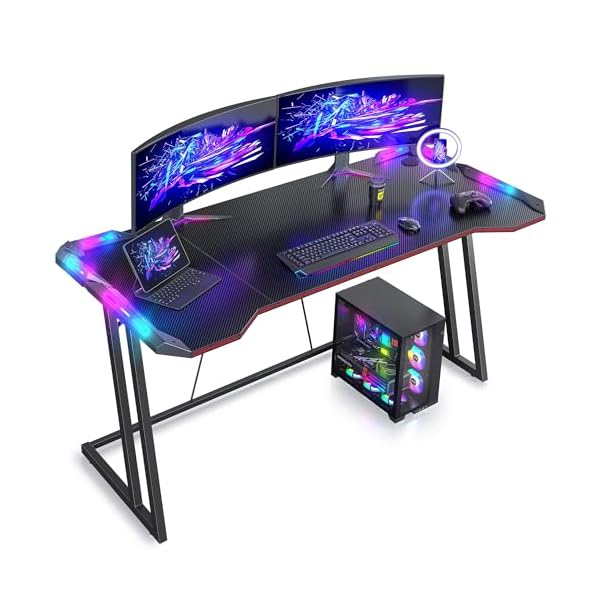 CubiCubi Gaming Desk with LED Lights, 55 Inch Z Shaped Gamer Desk, Home Game Computer Desk with Carbon Fiber Surface, Ergonomic Office PC Workstation with Cable Management, Black