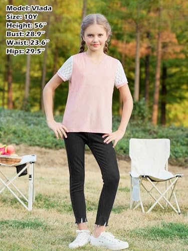 Image of GORLYA Girls Lace Sheer Sleeve Contrast T-Shirt Short Sleeve V Neck Casual Modest Tee Tops for 6-16Y