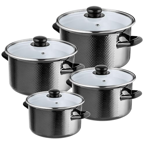 KADAX 4-teiliges Topfset aus Emaille, Emailletöpfe mit Deckeln, Kochgeschirr 4er-Set, Kochtöpfe mit Griffen, Töpfe im Vintage oder Modern Stil (Schwarz)