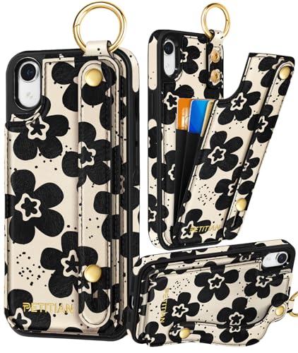 Petitian for iPhone XR Case with Wallet - Women Girls Cute Girly Aesthetic Unique Design Leather Credit Card Holder Cardholder Stand Wristband for iPhone XR, Black Flower - image 1
