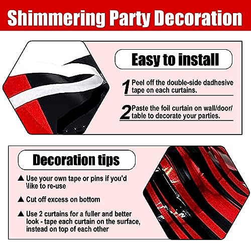 Image of 6 Pack Black Red Foil Fringe Curtain Backdrop, 3.28Ft x 8.2Ft Metallic Tinsel Foil Fringe Streamer Curtains for Photo Booth, Christmas Day, Thanksgiving, Wedding, New Year Party Decorations