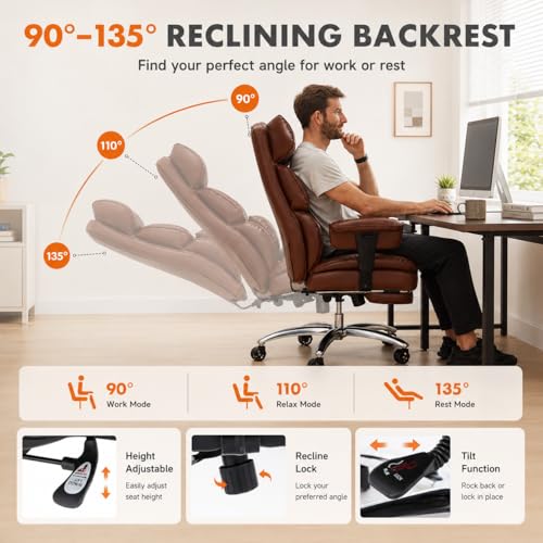 Image of Big and Tall Ergonomic Office Chair with Footrest, Executive High Back PU Leather Desk Chair, Reclining Computer Chair with Adjustable Lumbar Support and Armrests, Swivel Rolling Gaming Chair, Brown