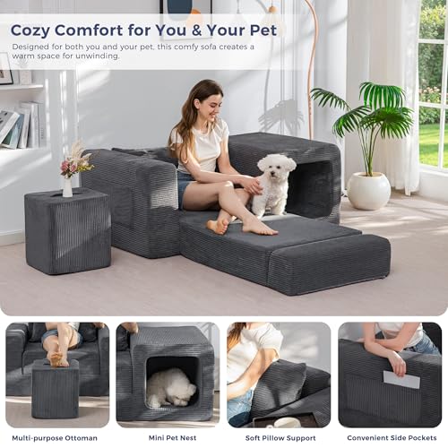 Image of MAXYOYO Folding Sofa Couch, Convertible Floor Sofa with Armrest, Multifunctional Sofa with Pillow and Pockets, Boneless Couch for Living Room, Dark Grey