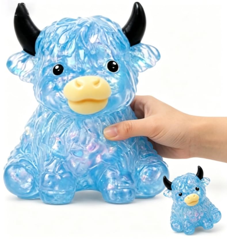 Highland Cow Squishy, Squeezy Fidget Tool for Stress Relief and Focus, Soft Highland Cow Tool with Texture, 10 cm Blue Malted Sugar Design for Office and Study Use