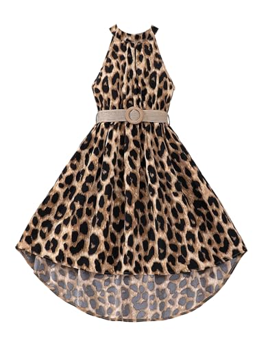SweatyRocks Girl's Leopard Print Halter Neck Sleeveless Midi Dress A Line Dresses with Belt