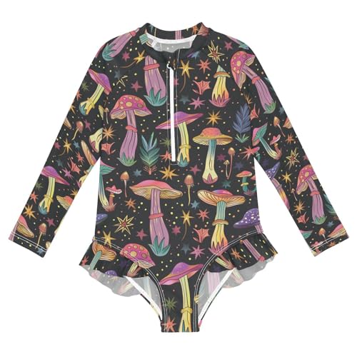 CaTaKu Girls One Piece Swimsuit Magic Mushroom Star Toddler Bathing Suit Long Sleeve UPF 50+ Rash Guard Swimwear 3-12Y
