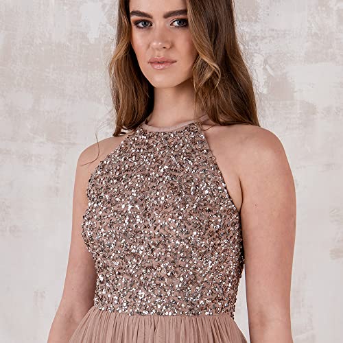 Maya Deluxe Damen Brautjungfer Maxikleid Neckholder Pailletten verziert Abschlussball Abschlussfeier Hochzeit, Taupe Blush, 44 EU (16 UK) 3