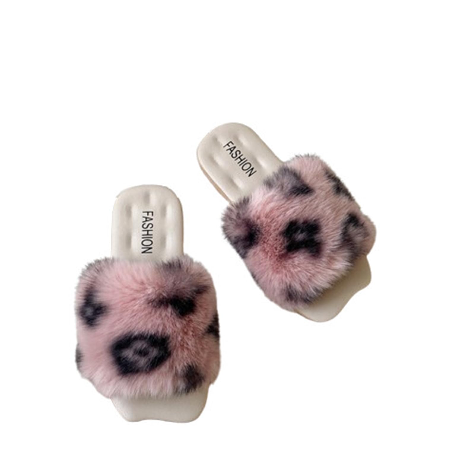 ZNEL Winter Fuzzy House Leopard Fluffy Flats Slippers for Women Sandals Fuzzy Plush Comfy Faux Fur Slide Shoes Anti-Skid Sole (38/39 EU, Pink)