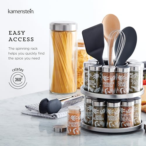 Image of Kamenstein Salem 20-Jar Rotating Spice Rack with Spices Included, Stainless Steel Countertop Organizer with Sifter Caps and Tool Caddy, Spice Set for Kitchen Organization