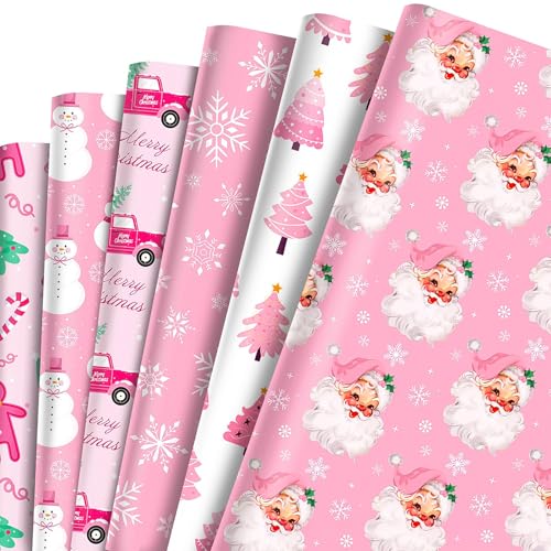 MORAINJAY 12 Sheets Wrapping Paper Christmas Pink Santa 68cmx50cm 2025 Christmas Tree Wrapping Paper Xmas Snowman Gift Wrap for Girls Winter Birthday Festival Kids Gift Wrap