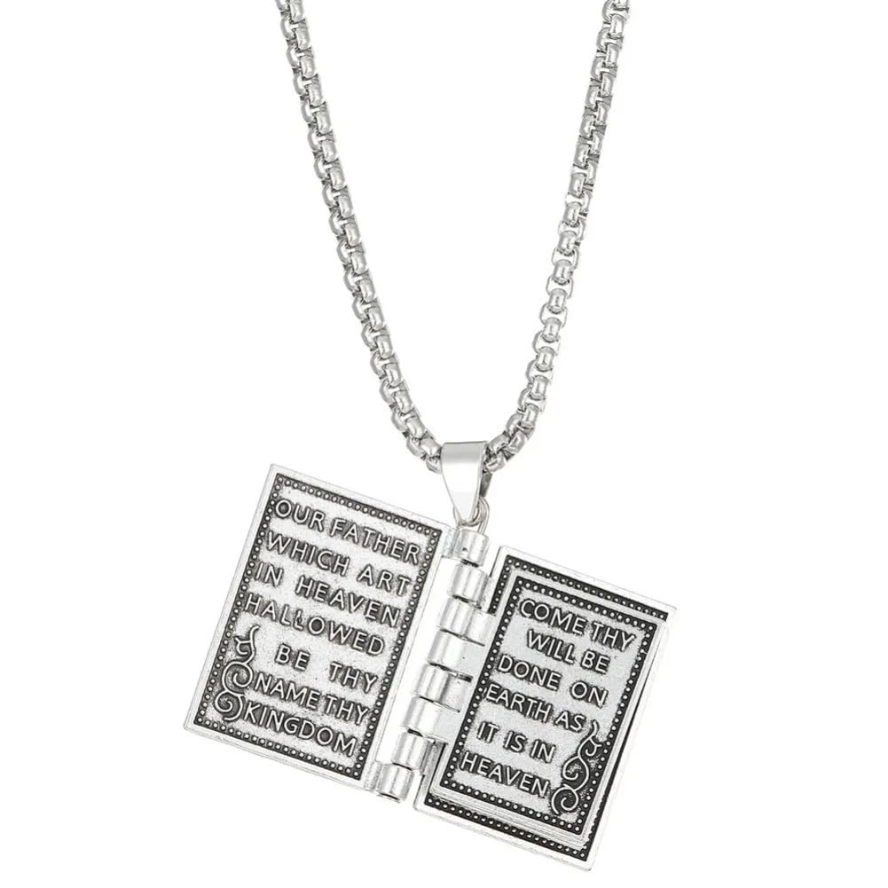 NLIEOPDA Gothic Cross Necklace - Vintage Bible Book Pendant - Silver Unisex Jewelry for Men & Women