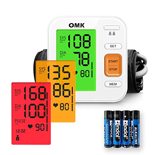 Blood Pressure Monitor Upper Arm Tricolor Backlit, OMK Automatic BP Monitor with Cuff 8.7-15.7in, 2x120 Memories, Irregular Heartbeat Detection, Accurate and Easy to Use, FDA & CE Approved