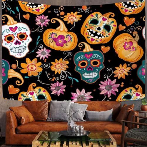 Tapisserie Halloween citrouille noire déco murale crâne en sucre 3D salon