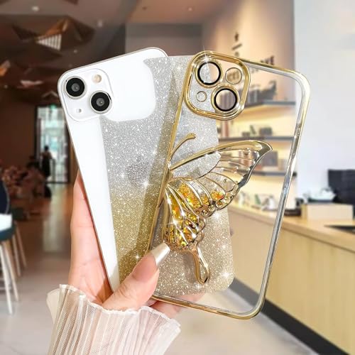 Image of SHINESTAR 3D Butterfly Case for iPhone 14, Cute Girly Glitter Bling Luxury Back Cover for Women Girls Protective Shockproof Slim Camera Protection (for iPhone 14 - Gold