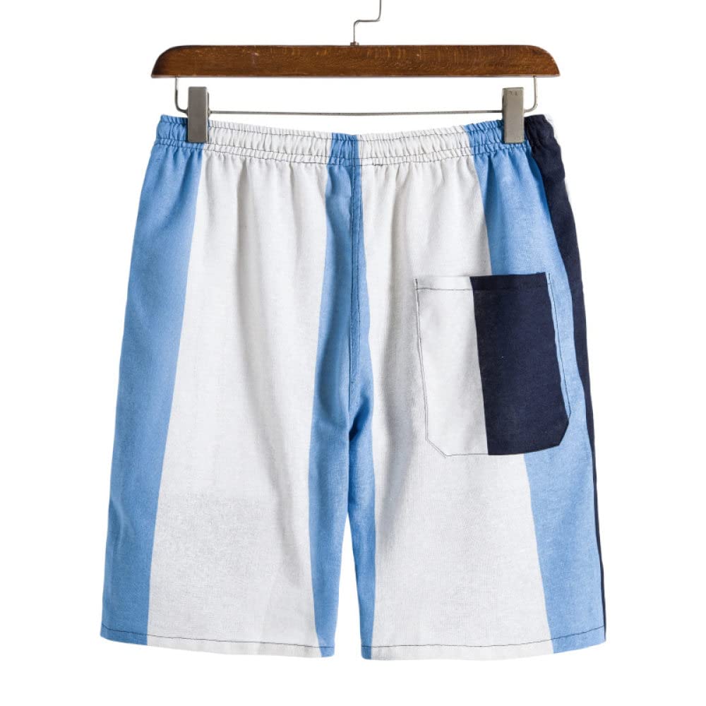 Camisa Hawaiana Hombre, Camisa Hawaiana para Hombre Y Pantalones Cortos De Playa Hawaianos Conjunto De Rayas De Lino De Algodón Azul Trajes De Hawaii Camisa De Playa De Manga Corta Casual Y Pantalo