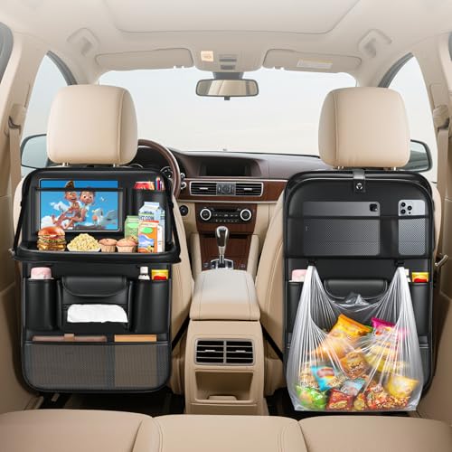 2 Pack Leather Car Backseat Organizer with Foldable Table Tray Garbage Bag Hook Protector Kick Mats for Kids 8 Large-Capacity Pocket Universal Car Seat Protector for Kids Pets & Travel