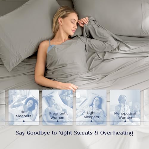 Image of Dream Valley Cooling Sheets King Size, Cooling Fitted Breathable Bed Sheets & Flat Sheet with 2 Pillowcases-4 PCS for Night Sweats & Hot Sleepers, Q-Max >0.45 Aerocool, Deep Pocket 16 inch,Quiet Gray