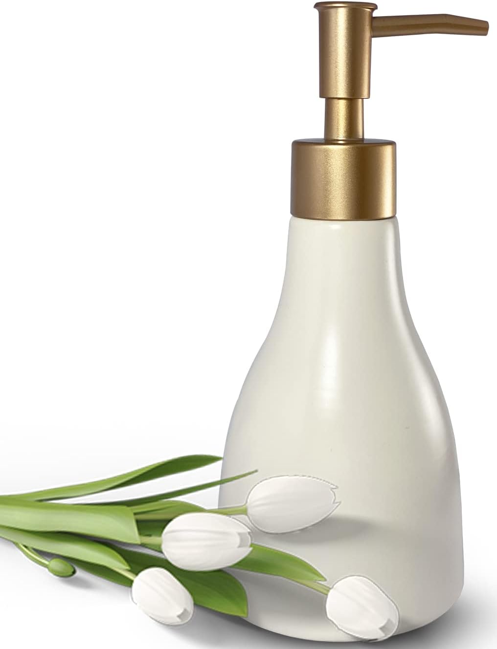 280ml Liquid Soap Dispenser for Bathroom with Gold Pump,Dish Soap Dispenser for Kitchen,Refillable Countertop Lotion Dispenser, Ceramics White Hand Soap Dispenser(Cone White Bottle) Cone Off White Bottle