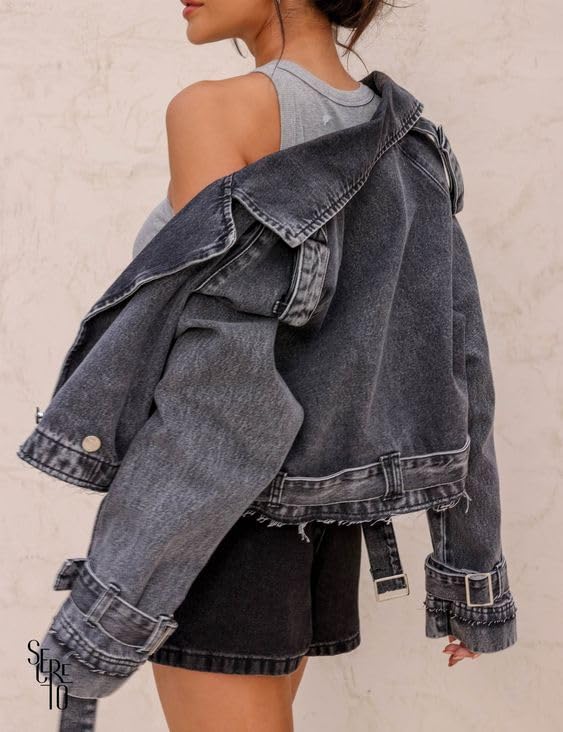 Women Cropped Denim Jacket 2024 Trendy Long Sleeve Button Down Short Jean Jackets Fall Casual Coat with Belt3