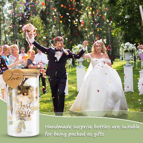DUBUOZA Hochzeitsgeschenke für Brautpaar, Hochzeitsgeschenk Geld, LED-Flaschenlichter für Hochzeiten mit Trockenblumen und Anhängern, Just Married Hochzeit Spardose, Jungvermählte