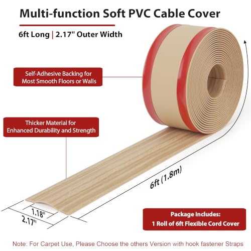 Image of ZhiYo 6ft Cord Cover for Wires on Floors or Walls, 2.2in Wide, Maple Wood | Soft PVC self-adhesive cord hider, easy to cut and install, ideal for 1-2 cables, extension cord, Ethernet and speaker cables