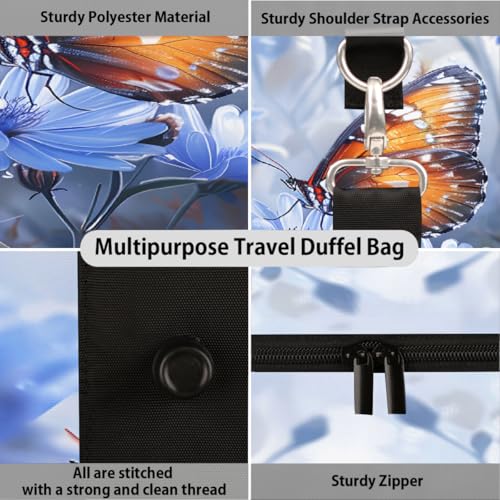 Flower Butterfly Blue Weekender Bag Travel Duffle Bag for Women Men Overnight Shoulder Bags Waterproof Foldable Sports Gym Tote Bags Carry On Luggage for Travel Sports Dance Yoga Hospital4
