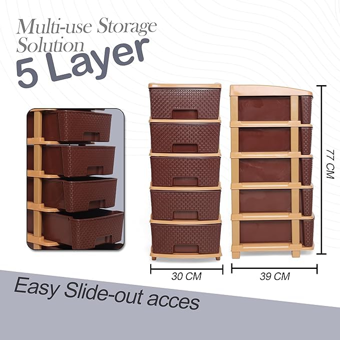 Image of KITCHIVO Plastic Modular Drawer Storage Chest Of Drawers Organizer Storage Box, Large Stomo Racks For Multipurpose Anti-slip Shoes Organizers (Brown, 5 Layer)