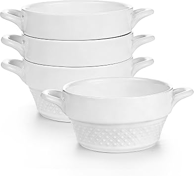 Ceramic Soup Bowls Breakfast Bowls with Handles Set of 4, 300ml French Onion Soup Bowls Dessert Bowls, Embossed Serving Bowls for Soup, Cereal, Pasta, Quiche, Salad Oven Dishwasher Safe