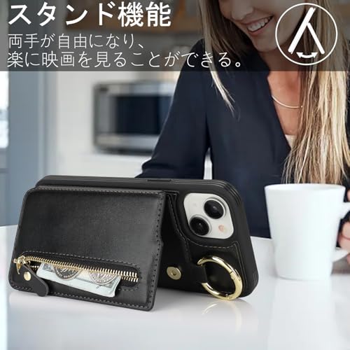 Havaya 対応 iPhone15 ケース iPhone 15 ケース 米軍MIL規格 カード収納 財布 リング付き キーホルダー キーリング スタンド機能 耐衝撃 フェイクレザー-ブラック