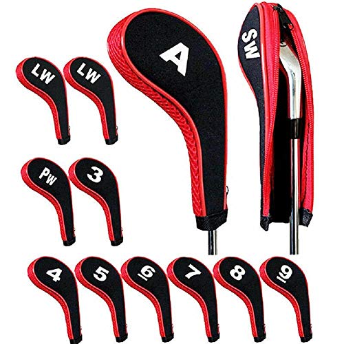 cobra irons set - DBYAN 12pcs/Set Number Print Golf Hybrid Club Iron Head Covers with Zipper Long Neck Wedge Headcovers Set for All Irons Titleist, Callaway, Ping, Taylormade, Cobra, Nike (Black & Red)