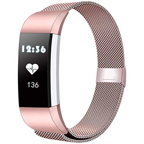 BeYself Compatible para Fitbit Charge 2 Correa, Mesh Loop Pulsera de Acero Inoxidable Correa con Único Imán Cerradura para Fitbit Charge 2 (S//Rose Pink)