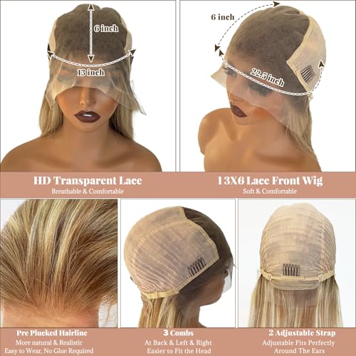 Image of Belaved 24 Inch Highlight Ombre Medium Brown Lace Front Wigs Human Hair Mix Blonde 13x6 Long Straight Balayage Blonde with Brown Roots 180% Density HD Lace Frontal Wig for Women Pre Plucked 8B60A