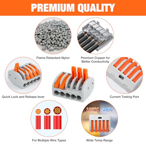 Image of Nilight 115PCS Lever Wire Connectors Nuts Kit 28-12AWG Inline Electrical Terminal 2 3 4 5 Port Assortment Quick Disconnect Push in Wires Connectors for Solid Stranded Wiring Projects