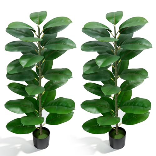 Hoolicute 2 Pack Rubber Tree Artificial Plant - 40in Realistic Fake Tree Indoor with Artificial Trunk & Lifelike Grass, Floor Fake Plants for Living Room Bedroom Office Home House Front Porch - Green