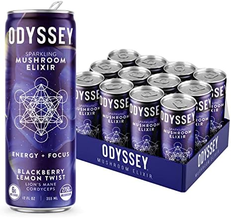 Odyssey Elixir – Sparkling Energy Mushroom Drink – Lions Mane & Cordyceps – Mental Focus & Stress Relief – Mushroom Coffee Alternative – Organic Caffeine – Adaptogens – Blackberry Lemon Twist – 12 Pk