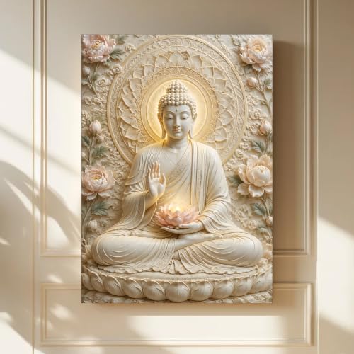 Image of PAINTINGMANTRA Buddha Painting for Living Room, White Buddha Canvas Painting for living room, Bedroom, office and Home, Canvas, 22x34 Inch