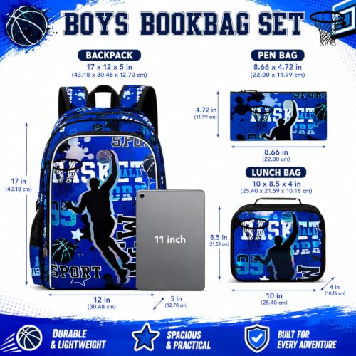 Image of gxtvo 3PCS Boys Basketball Backpack, 17 inch Kids Bookbag with Lunch Box, Water Resistant Middle Elementary Preschool School Bag