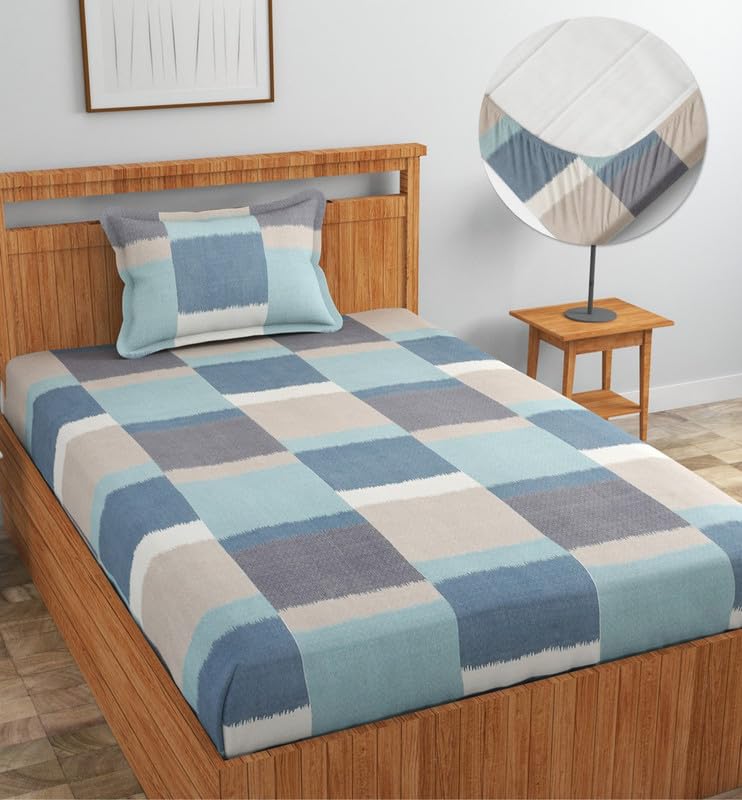 Image of NEW LEAF Premium Cotton Elastic Fitted Bedsheets with 1 Pillow Covers |Printed Single Bed Elastic 220 TC Supersoft Breathable & Wrinklefree | for 72x36+6 Inches, Grey Blue