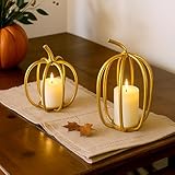 Colingmill 2 Pcs Thanksgiving Gold Metal Pumpkin Candle Holder 6inch 8inch Fall Iron Pumpkin Votive Candle Holder for Holiday Autumn Halloween Home Room Vintage Decoration