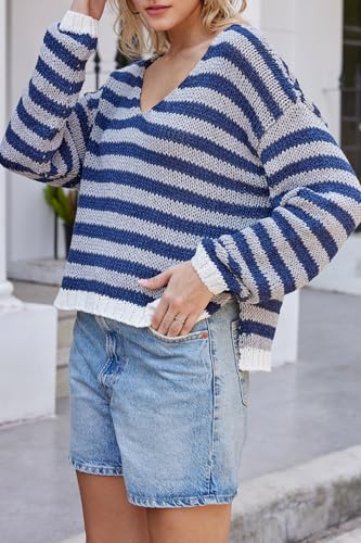 Image of Women's V Neck Long Sleeve Sweaters 2024 Fall Oversized Striped Color Block Drop Shoulder Knit Side Slit Pullover Tops