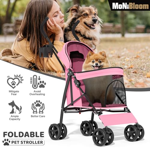 image for MoNiBloom 4 Wheels Pet Stroller, Easy-Fold Puppy Cage Jogger Stroller 