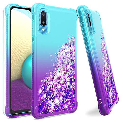 Samsung A02 Case,Galaxy A02 Case with HD Screen Protector,M MAIKEZI Gradient Quicksand Glitter Bling Flowing Liquid Floating TPU Bumper Cushion Protective Cute Case for Samsung Galaxy A02(Teal Purple)