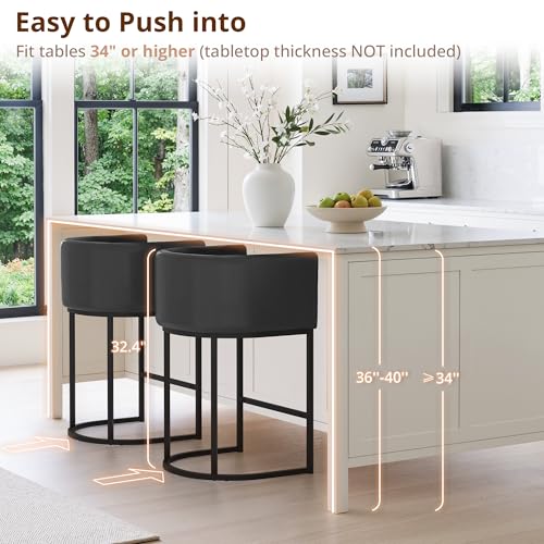 Image of LUE BONA Counter Height Bar Stools Set of 3, Modern Barrel Counter Stools with Backrest and Arms, Black Metal Frames, Faux Leather Upholstered Accent Barstools for Kitchen Island, Black
