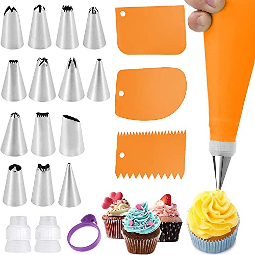 Piping Bag and Tips Set Reusable Cake Decorating Kit Tools, 14 Frosting Tips and Silicone Pastry Bag,3 Icing Smoother, 2 Couplers,1 Bag Tie for Cupcake Baking Supplies