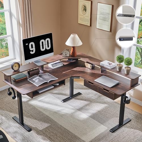 Image of RedLemon 60 Inches L Shaped Electric Standing Desk, Height Adjustable Corner Gaming Desk with Drawers, Keyboard Tray, Power Outlets & LED Lights, Computer Desk with Monitor Shelf, Dark Walnut
