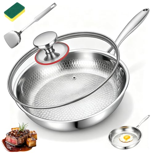 Pánev CISSIYOG Titan, pánve 26CM z titanu s tepaným vzorem, pánev Titans nepotažená drátěnkou, poklicí a špachtlí Vhodné pro všechny typy sporáků